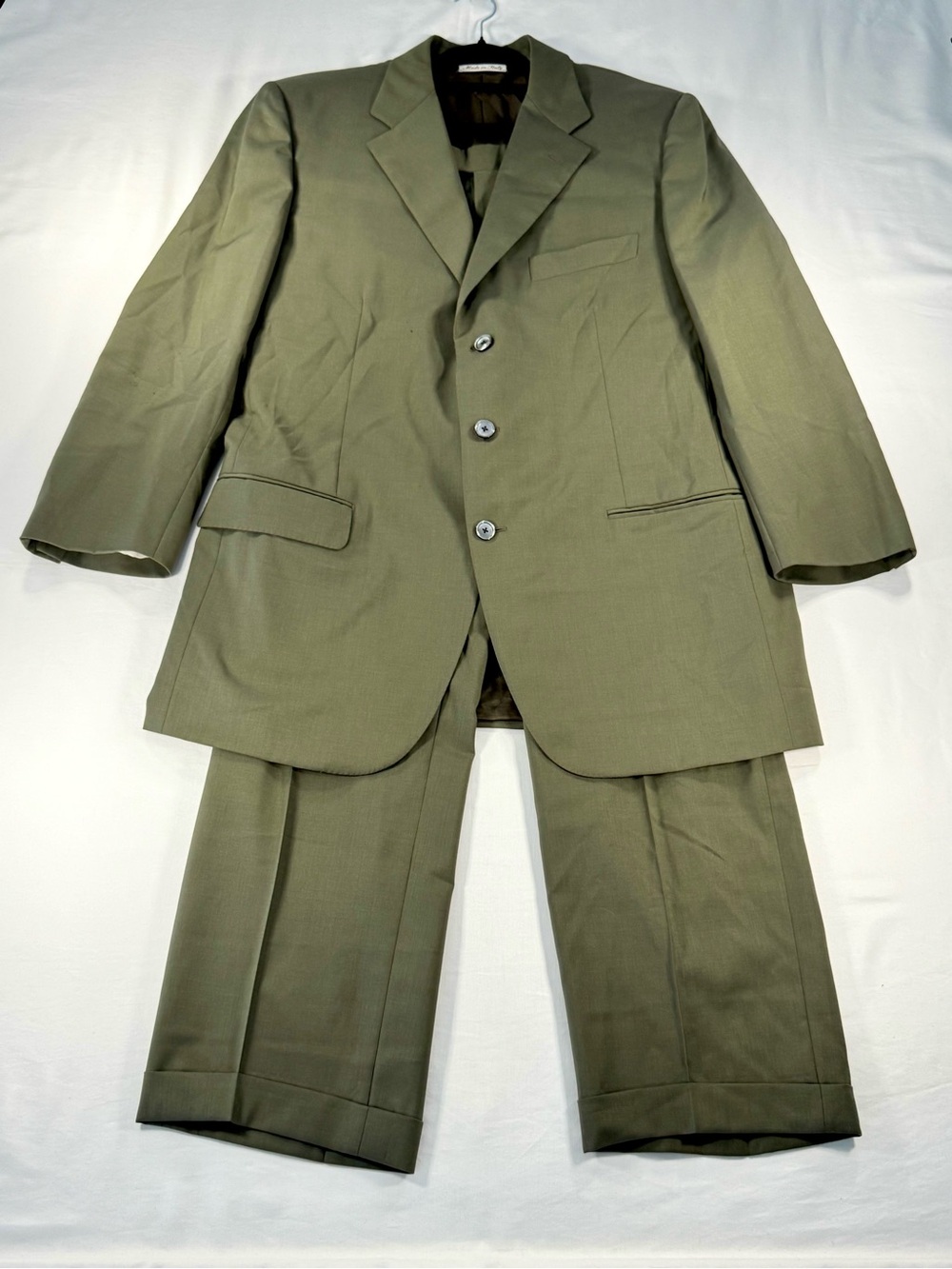 VTG Belvest Italy Wool Suit 46R W38 L30 Olive Green British American (flawed)